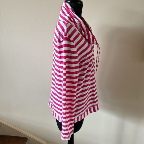 Chico’s Zenergy pink/white striped mixed drawstring cowl cotton top Size 1(8/10) - Picture 6 of 7